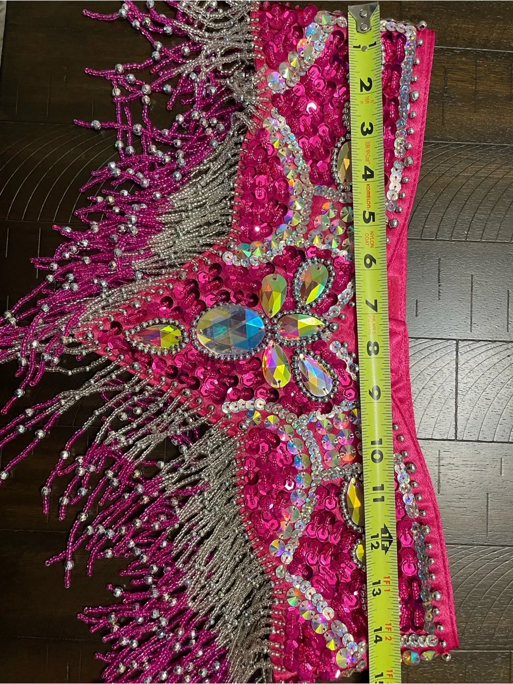 FY Kiss Hot Pink Rhinestone Beaded Fringe Belly Dance Costume Bra & Hip Belt 34D